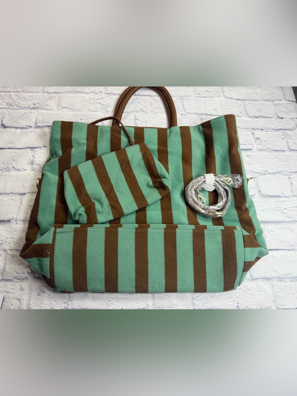 Anthropologie Teal and Brown Striped Shoulder Tote with Wristlet. Artsy.